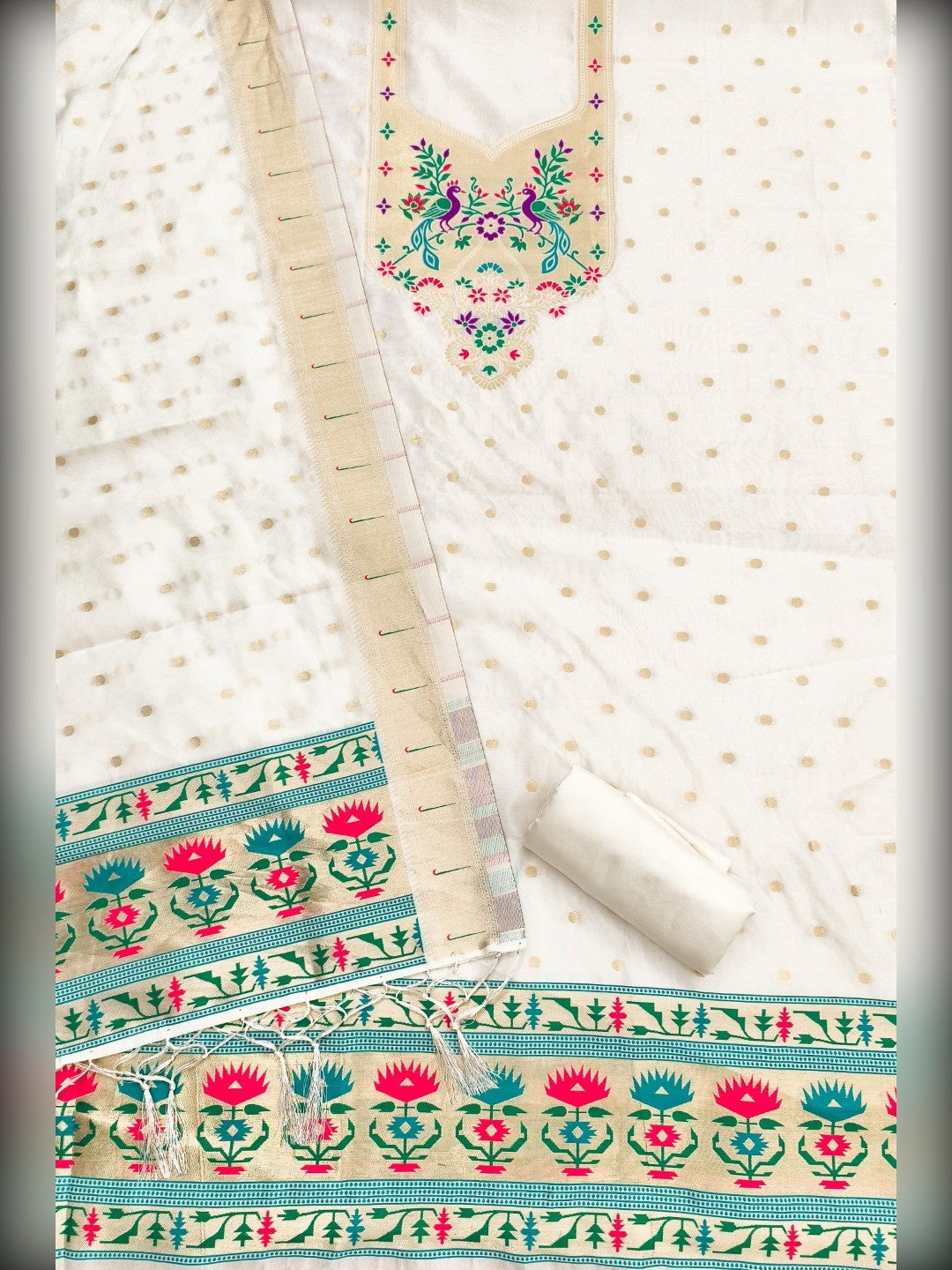 Luxury Offwhite Floral & Peacock Design Zari Weaving Banarasi Silk Dress Material - Image 3