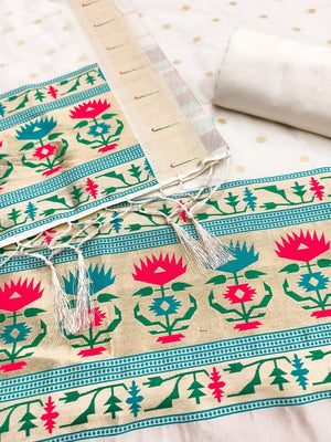 Luxury Offwhite Floral & Peacock Design Zari Weaving Banarasi Silk Dress Material - Image 2