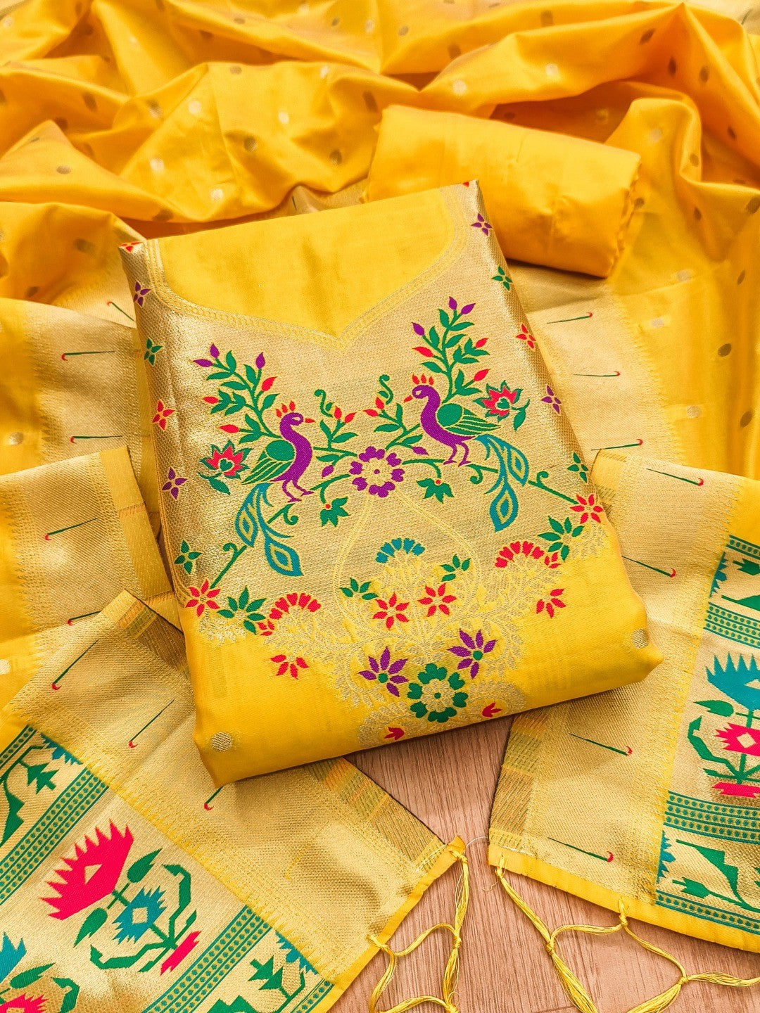 Luxury Yellow Floral & Peacock Design Zari Weaving Banarasi Silk Dress Material - Image 1