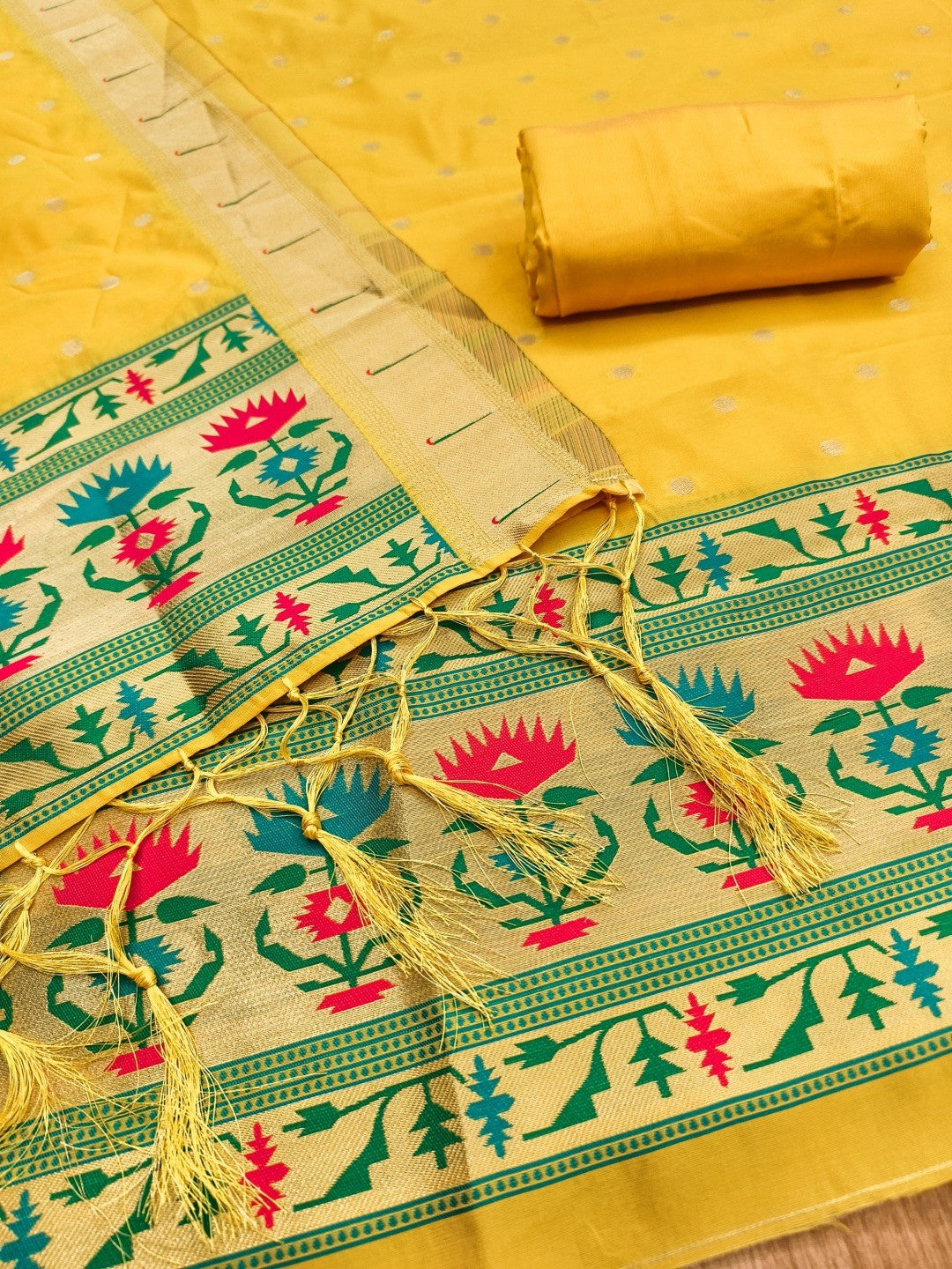 Luxury Yellow Floral & Peacock Design Zari Weaving Banarasi Silk Dress Material - Image 3