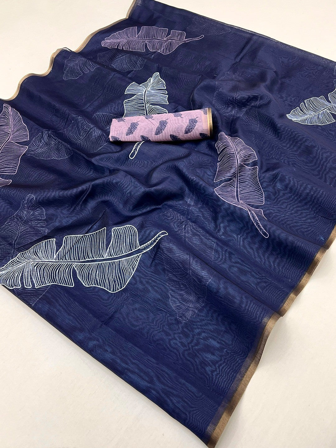 Navy Blue Tussar Silk Saree with Leaf Print and Matching Blouse - Image 2