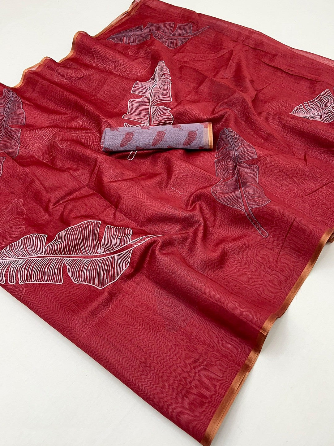 Red Tussar Silk Saree with Leaf Print and Matching Blouse - Image 2