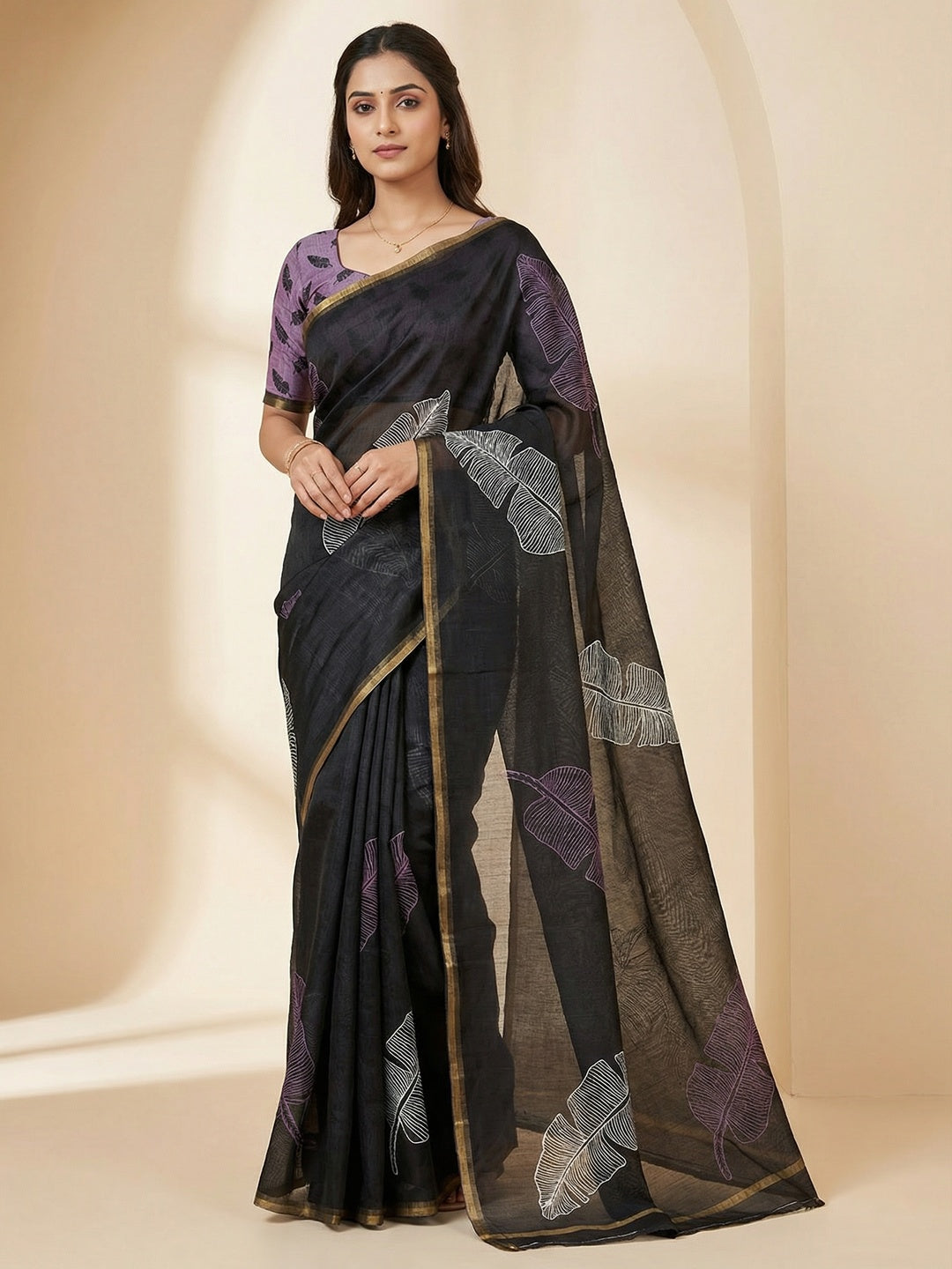 Black Tussar Silk Saree with Leaf Print and Matching Blouse - Image 1