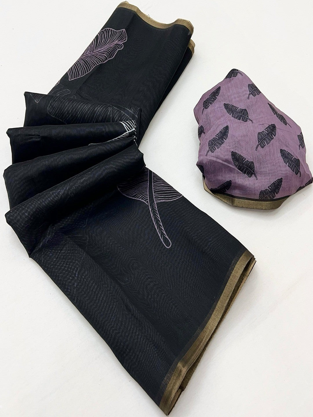 Black Tussar Silk Saree with Leaf Print and Matching Blouse - Image 3