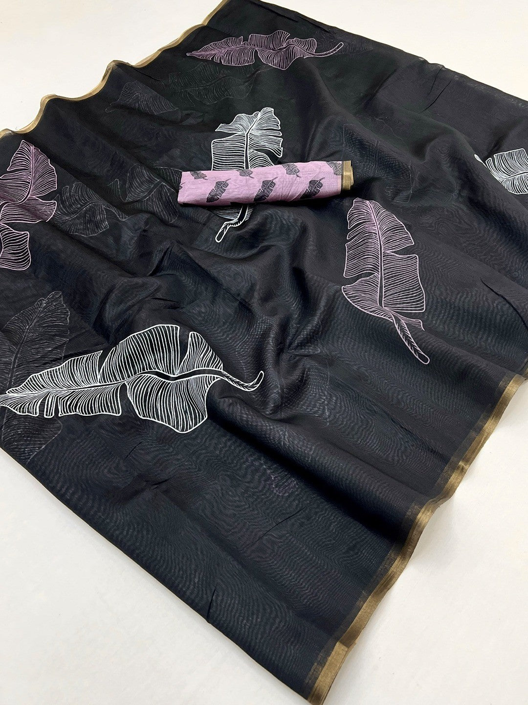Black Tussar Silk Saree with Leaf Print and Matching Blouse - Image 2
