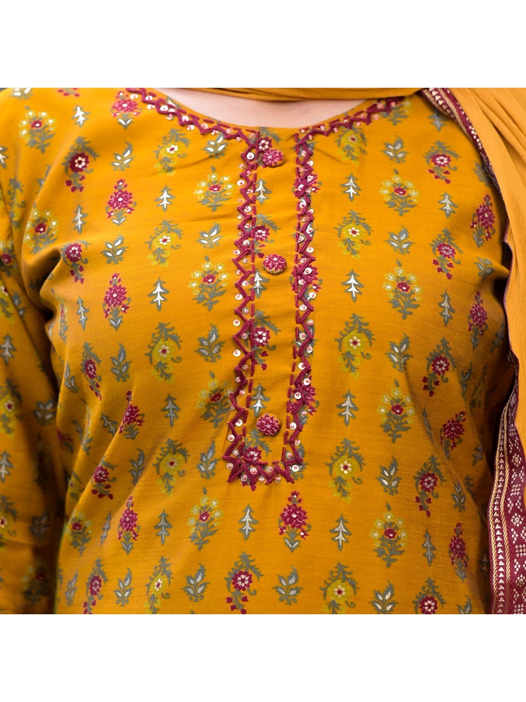 Mustard Floral Kantha Work Embroidered Chanderi Silk Salwar Suit - Image 9
