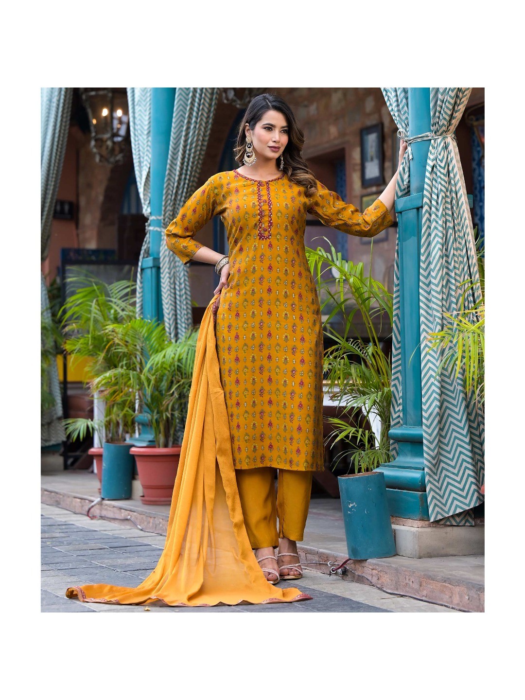 Mustard Floral Kantha Work Embroidered Chanderi Silk Salwar Suit - Image 7