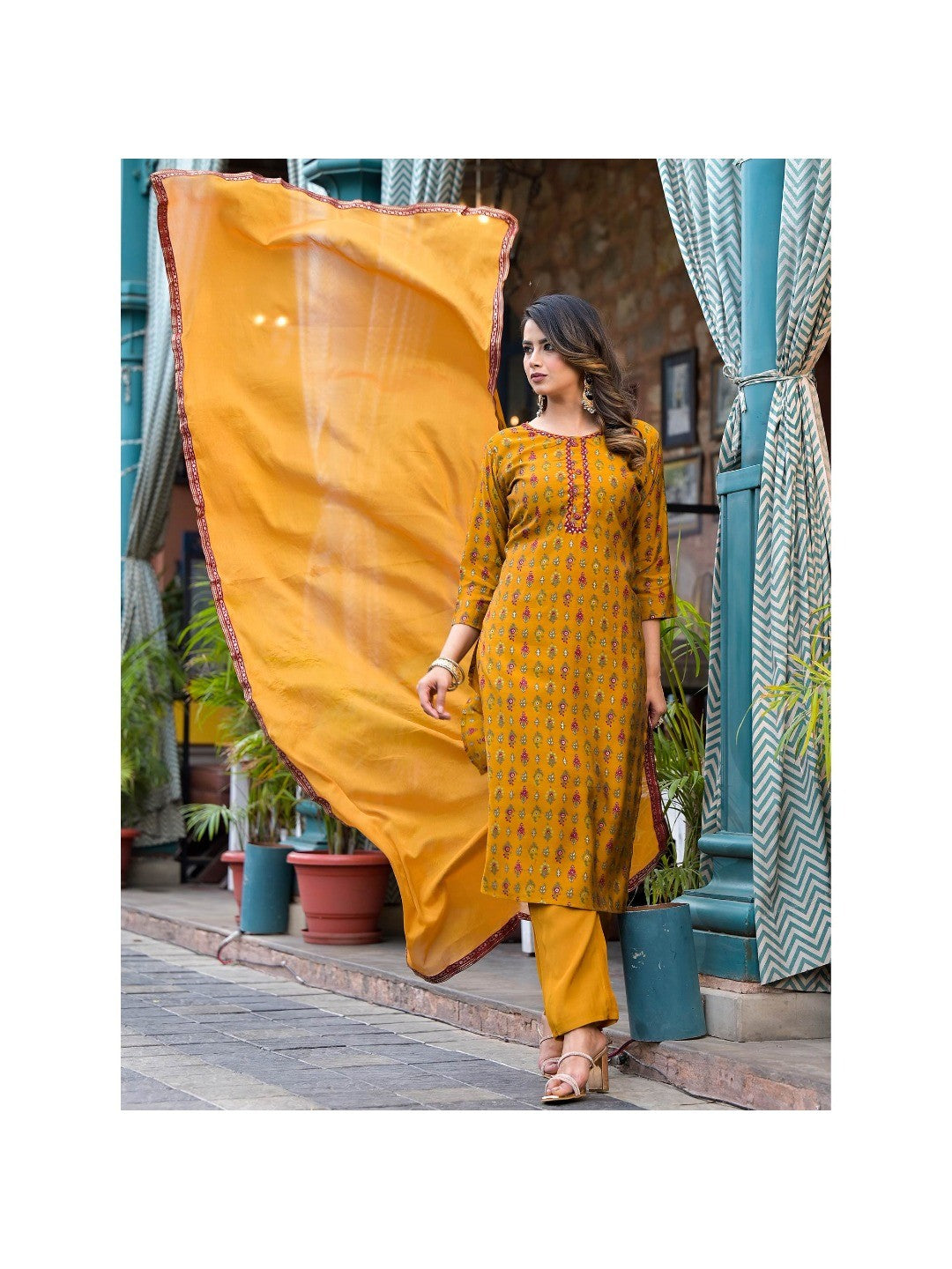 Mustard Floral Kantha Work Embroidered Chanderi Silk Salwar Suit - Image 6