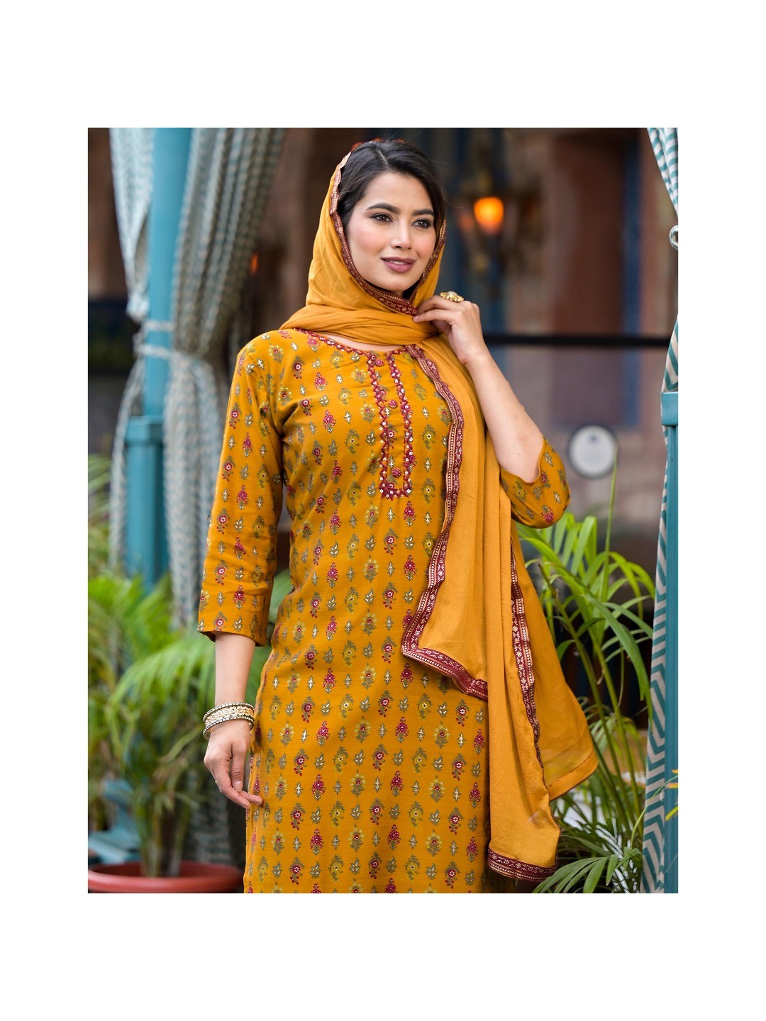 Mustard Floral Kantha Work Embroidered Chanderi Silk Salwar Suit - Image 2