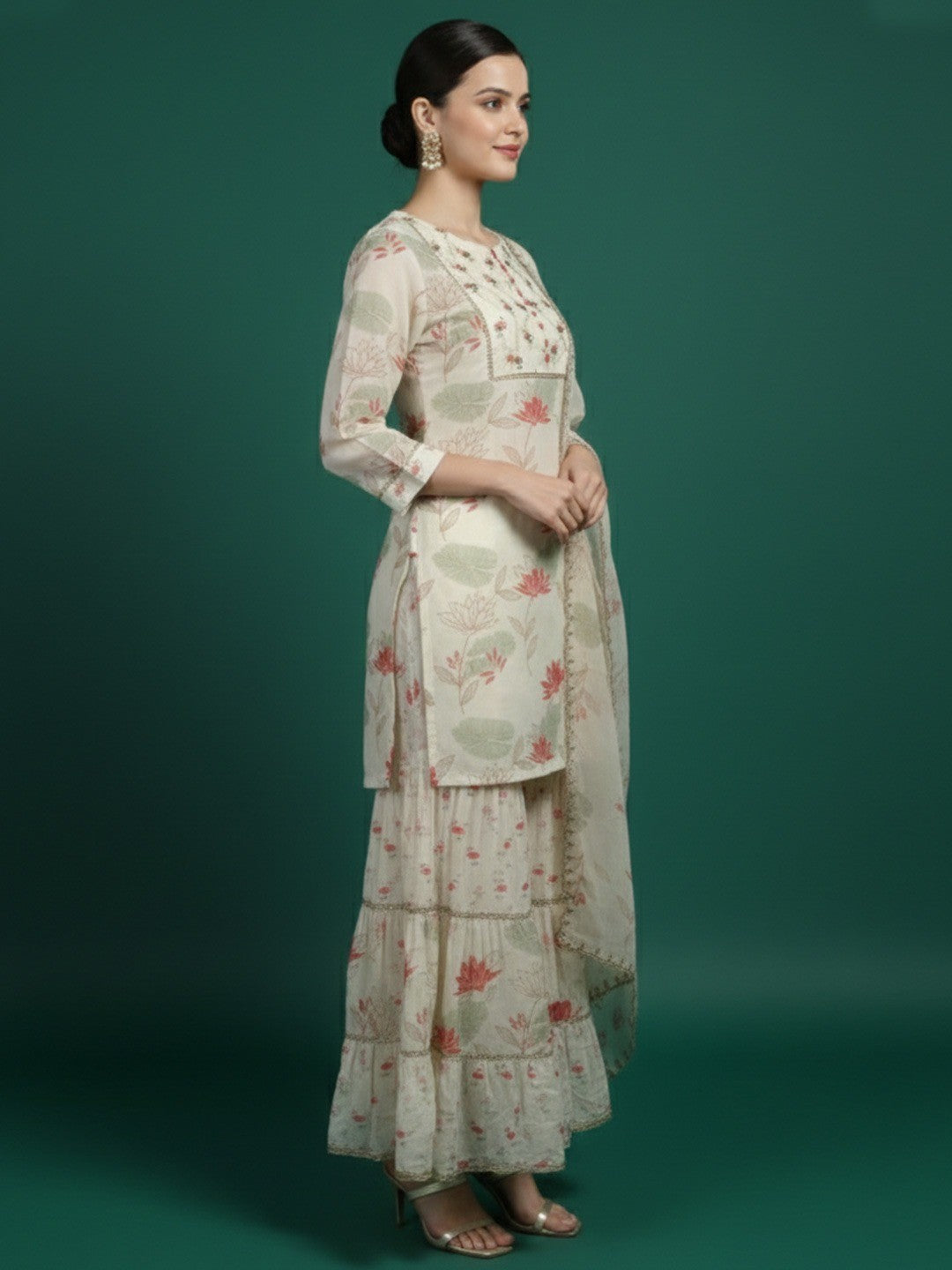 Cream Blossom Printed Florals with Flowy Muslin Sharara Bottom Set - Image 4