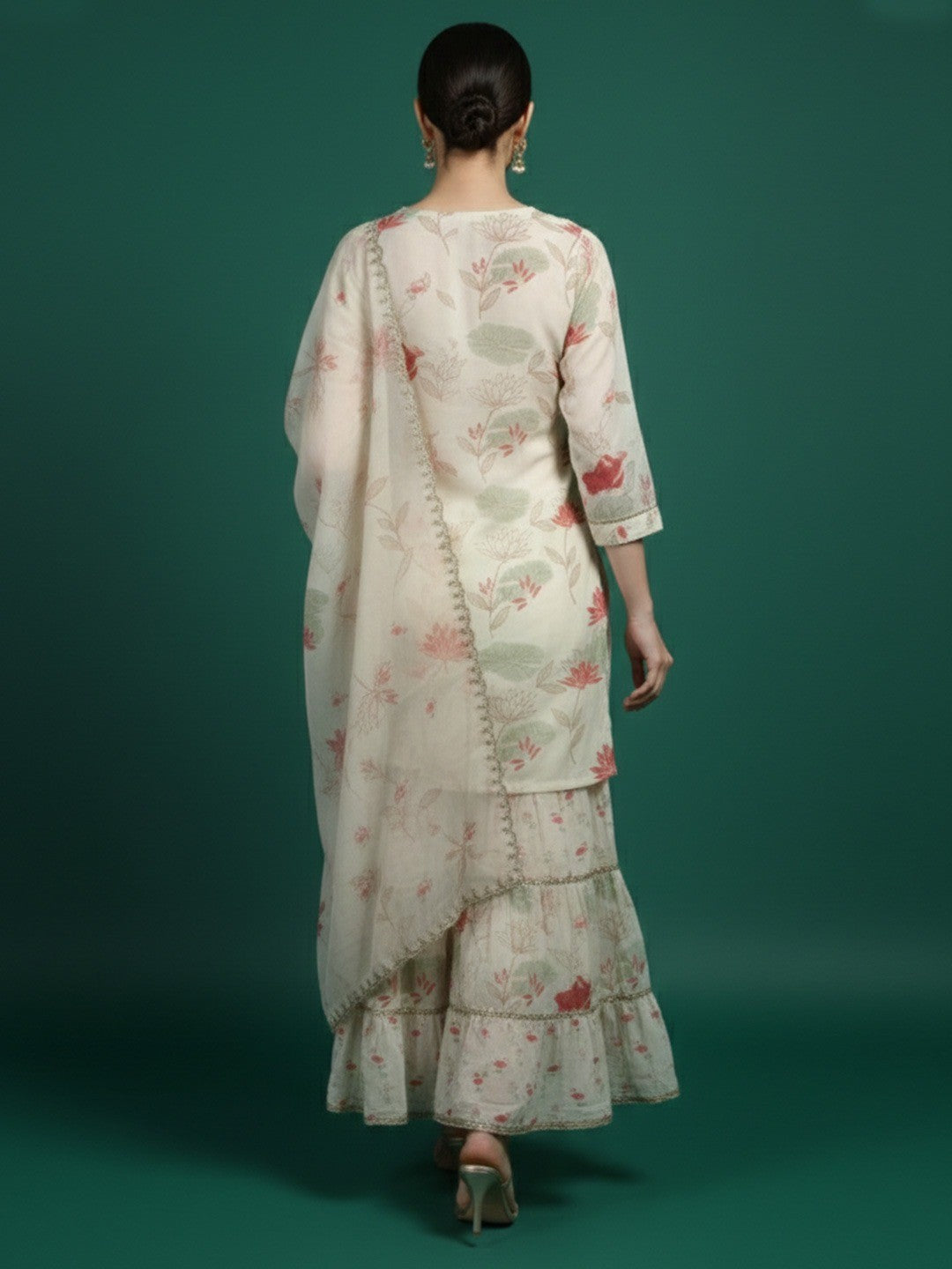 Cream Blossom Printed Florals with Flowy Muslin Sharara Bottom Set - Image 4