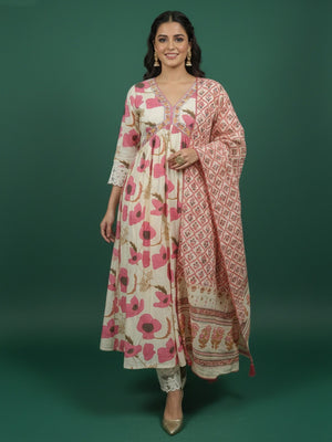 Off-White Cotton Alia Cut Salwar Suit With Floral Accents - Image 1