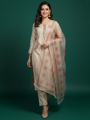Beige Floral Embroidered Chanderi Salwar Suit - Image 1