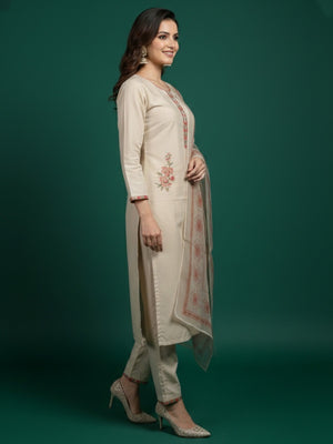 Beige Floral Embroidered Chanderi Salwar Suit - Image 2