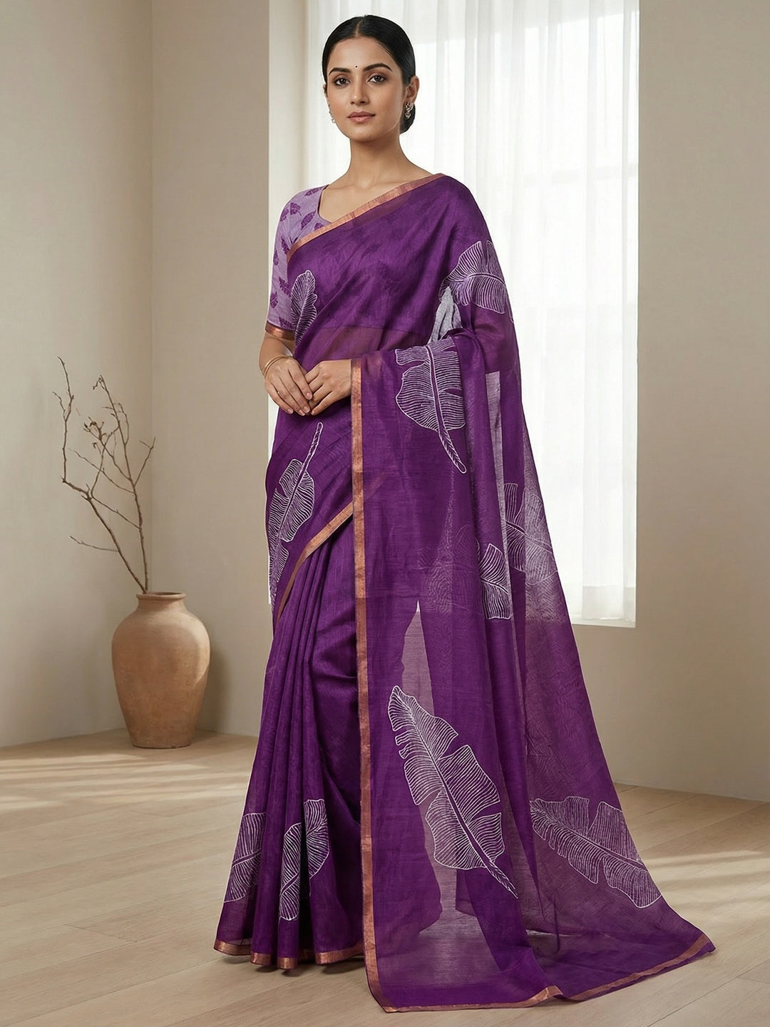 Purple Tussar Silk Saree with Leaf Print and Matching Blouse - Image 1