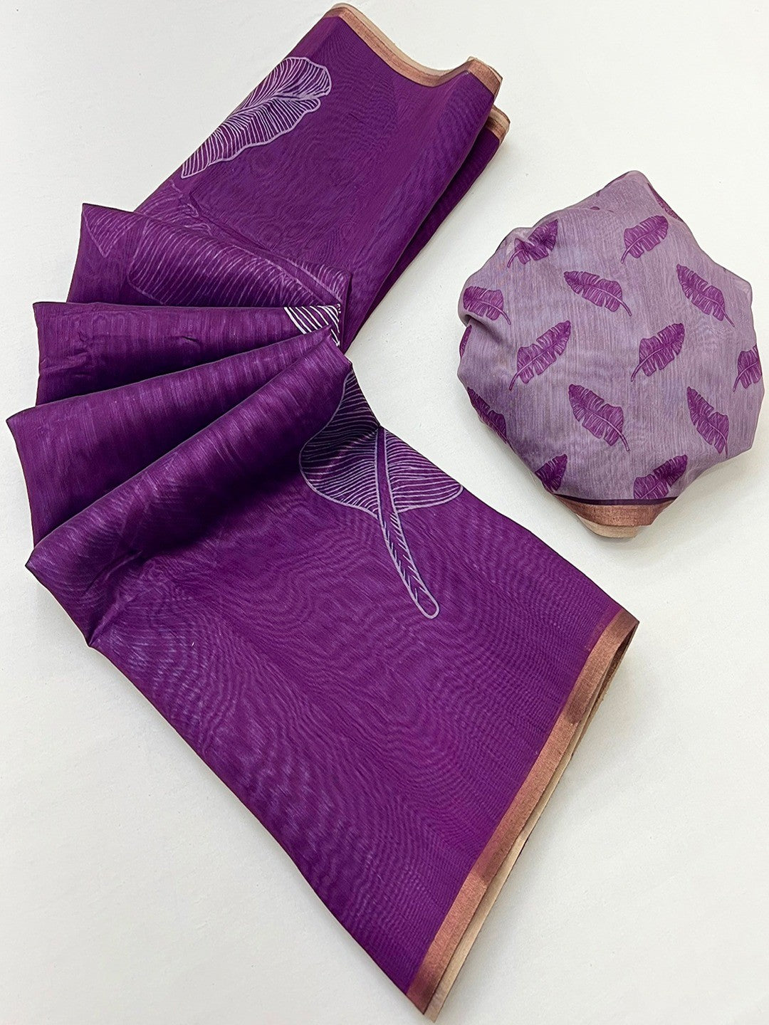 Purple Tussar Silk Saree with Leaf Print and Matching Blouse - Image 3