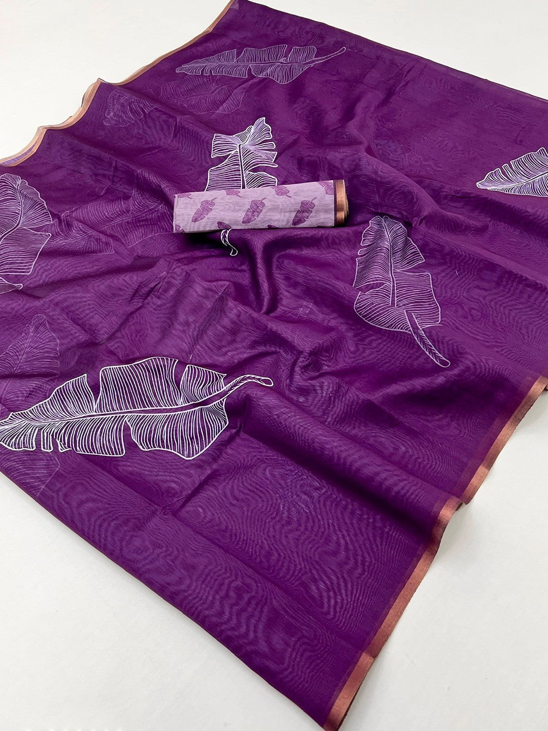 Purple Tussar Silk Saree with Leaf Print and Matching Blouse - Image 2