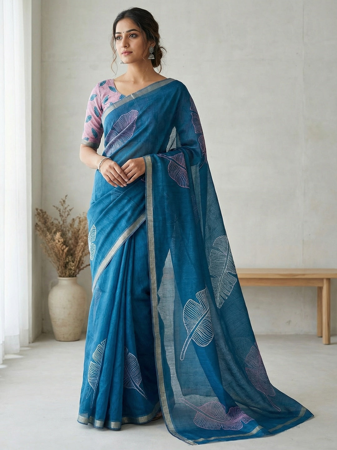 Teal Tussar Silk Saree with Leaf Print and Matching Blouse - Image 1