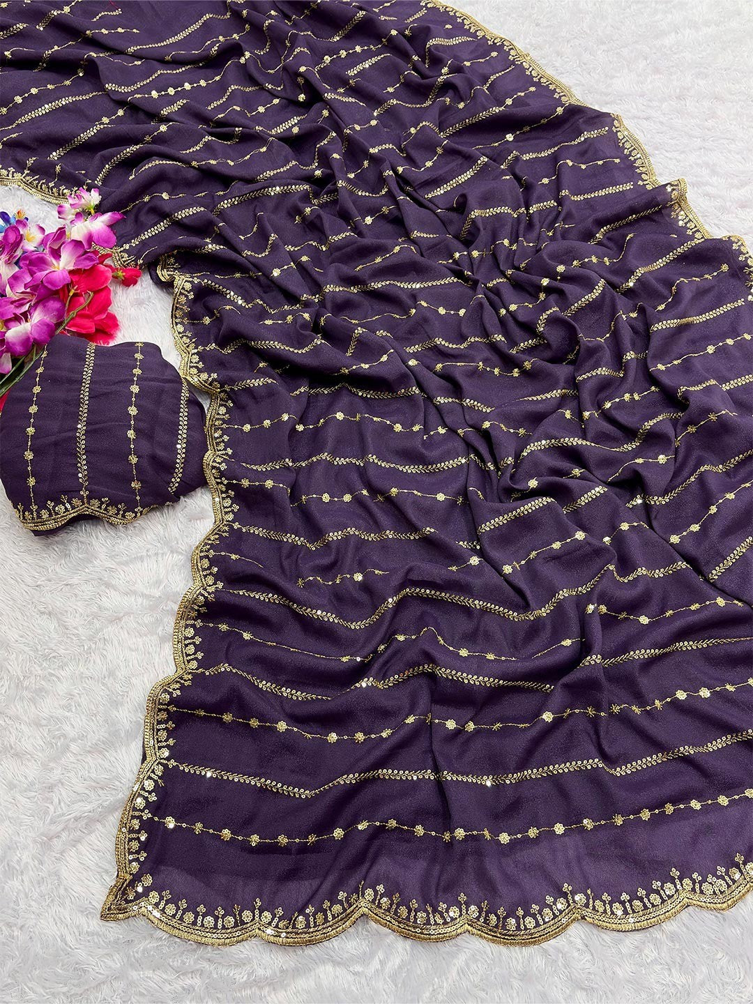 Timeless Purple Striped Pattern Georgette Saree Accentuated With Elegant Sequins Embroidery Work - Image 1