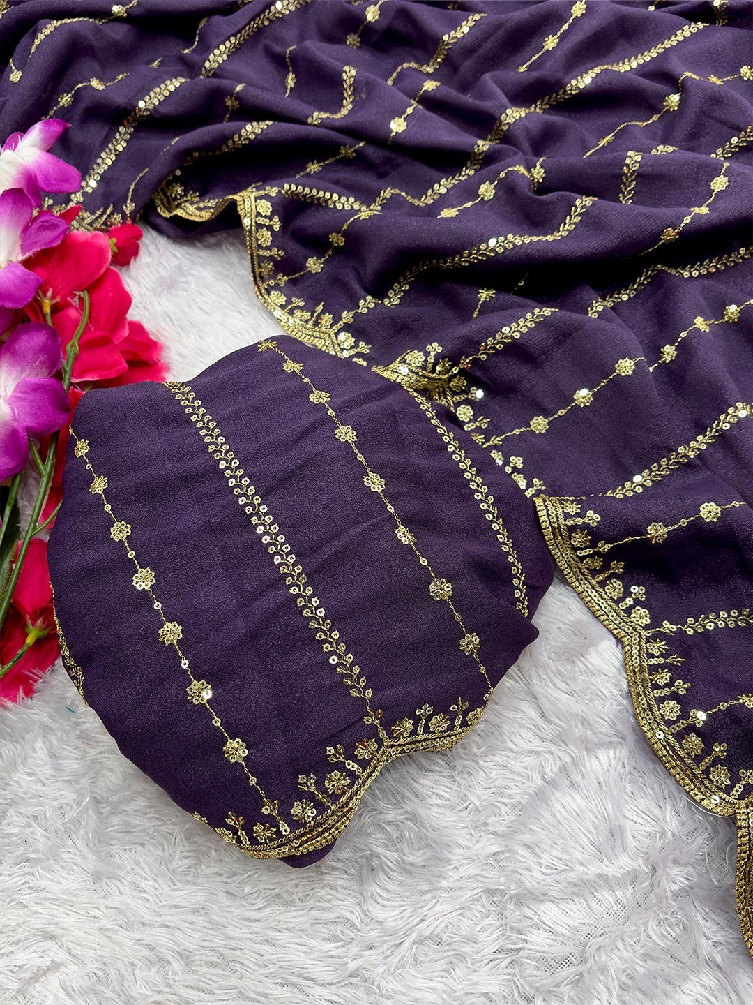 Timeless Purple Striped Pattern Georgette Saree Accentuated With Elegant Sequins Embroidery Work - Image 2