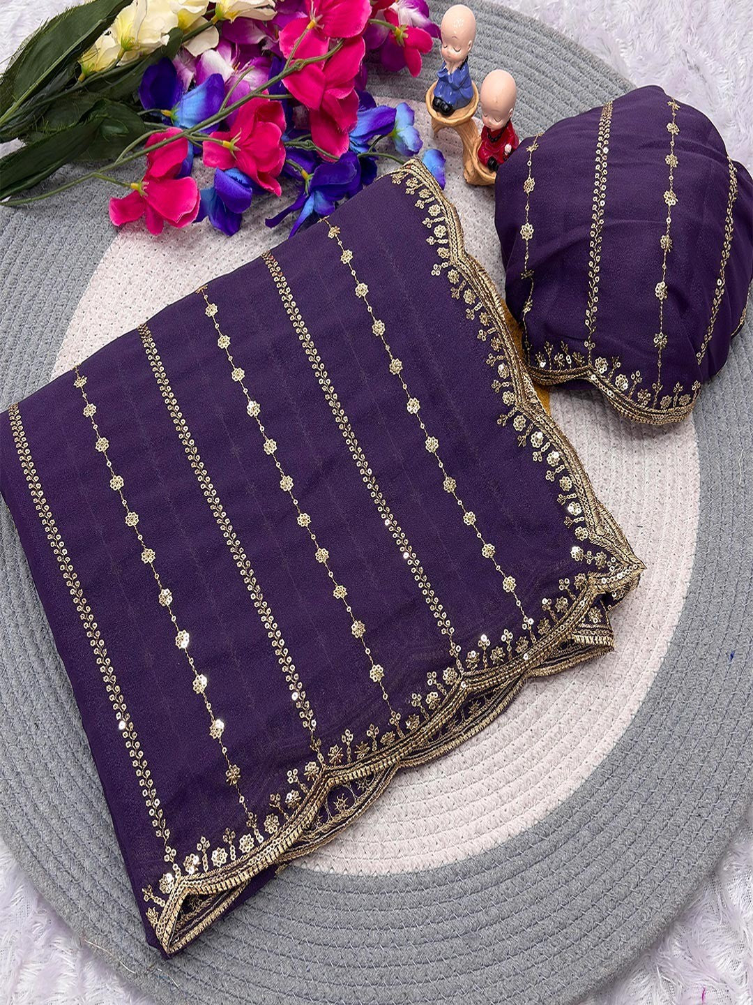 Timeless Purple Striped Pattern Georgette Saree Accentuated With Elegant Sequins Embroidery Work - Image 3