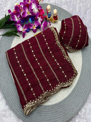 Timeless Maroon Striped Pattern Georgette Saree Accentuated With Elegant Sequins Embroidery Work - Image 2