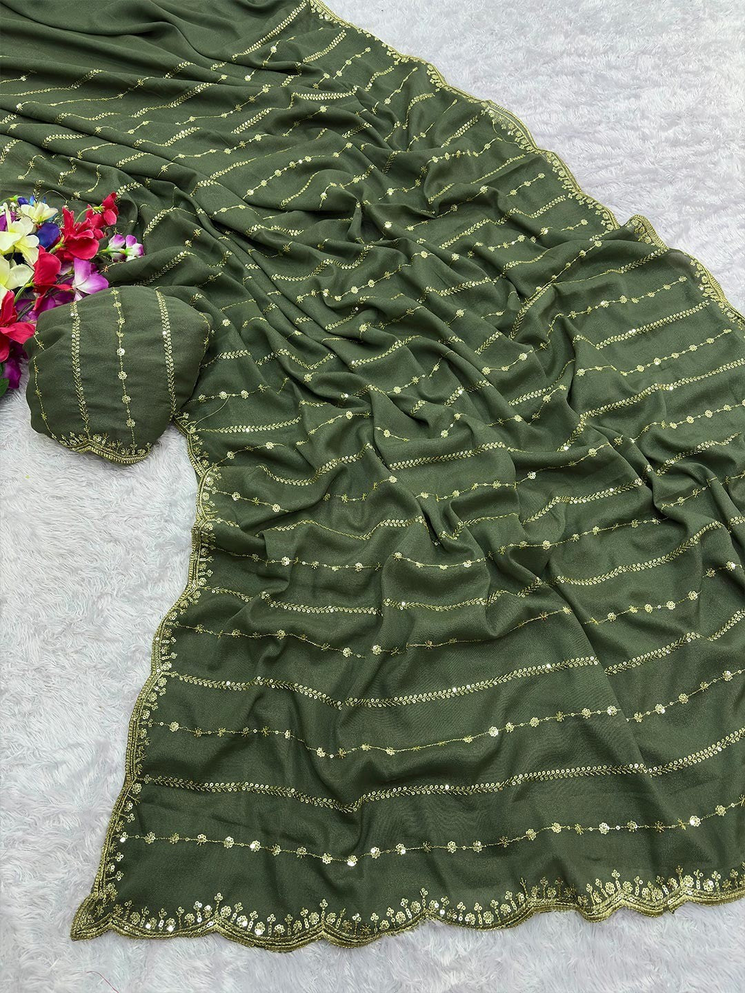 Timeless Green Striped Pattern Georgette Saree Accentuated With Elegant Sequins Embroidery Work - Image 1