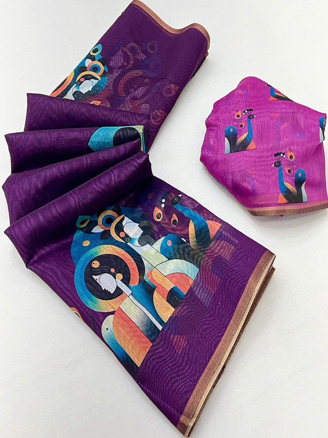 Purple Tussar Silk Saree with Contemporary Abstract Digital Art Pattern - Image 2