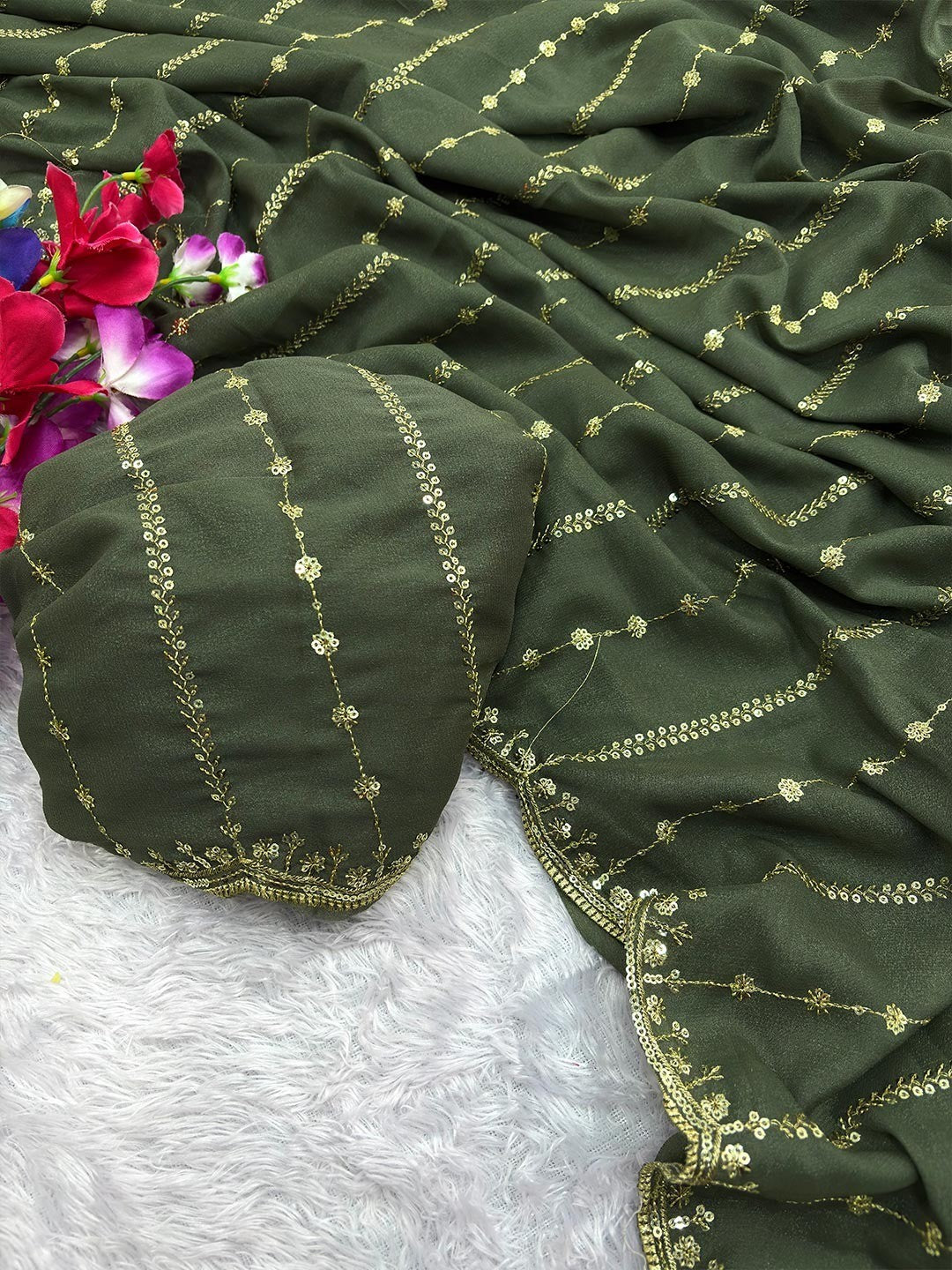 Timeless Green Striped Pattern Georgette Saree Accentuated With Elegant Sequins Embroidery Work - Image 2