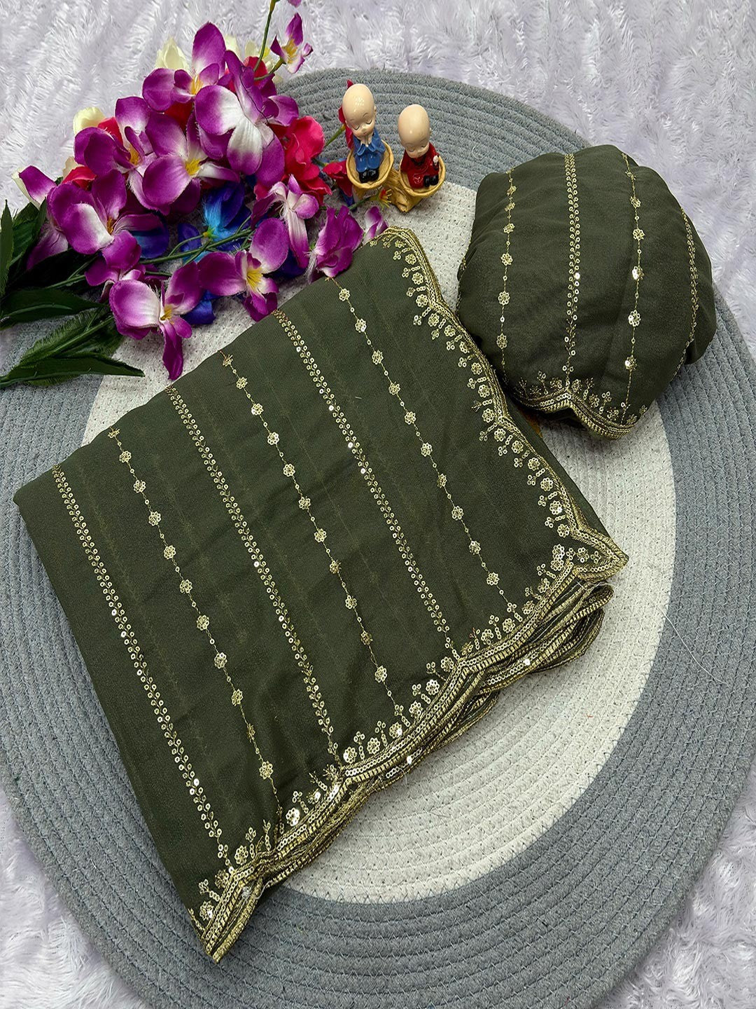 Timeless Green Striped Pattern Georgette Saree Accentuated With Elegant Sequins Embroidery Work - Image 3