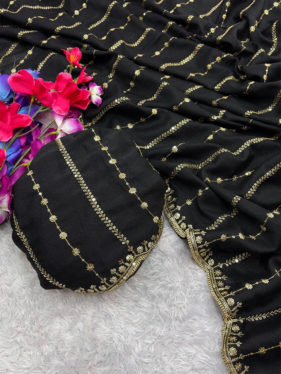 Timeless Black Striped Pattern Georgette Saree Accentuated With Elegant Sequins Embroidery Work - Image 3