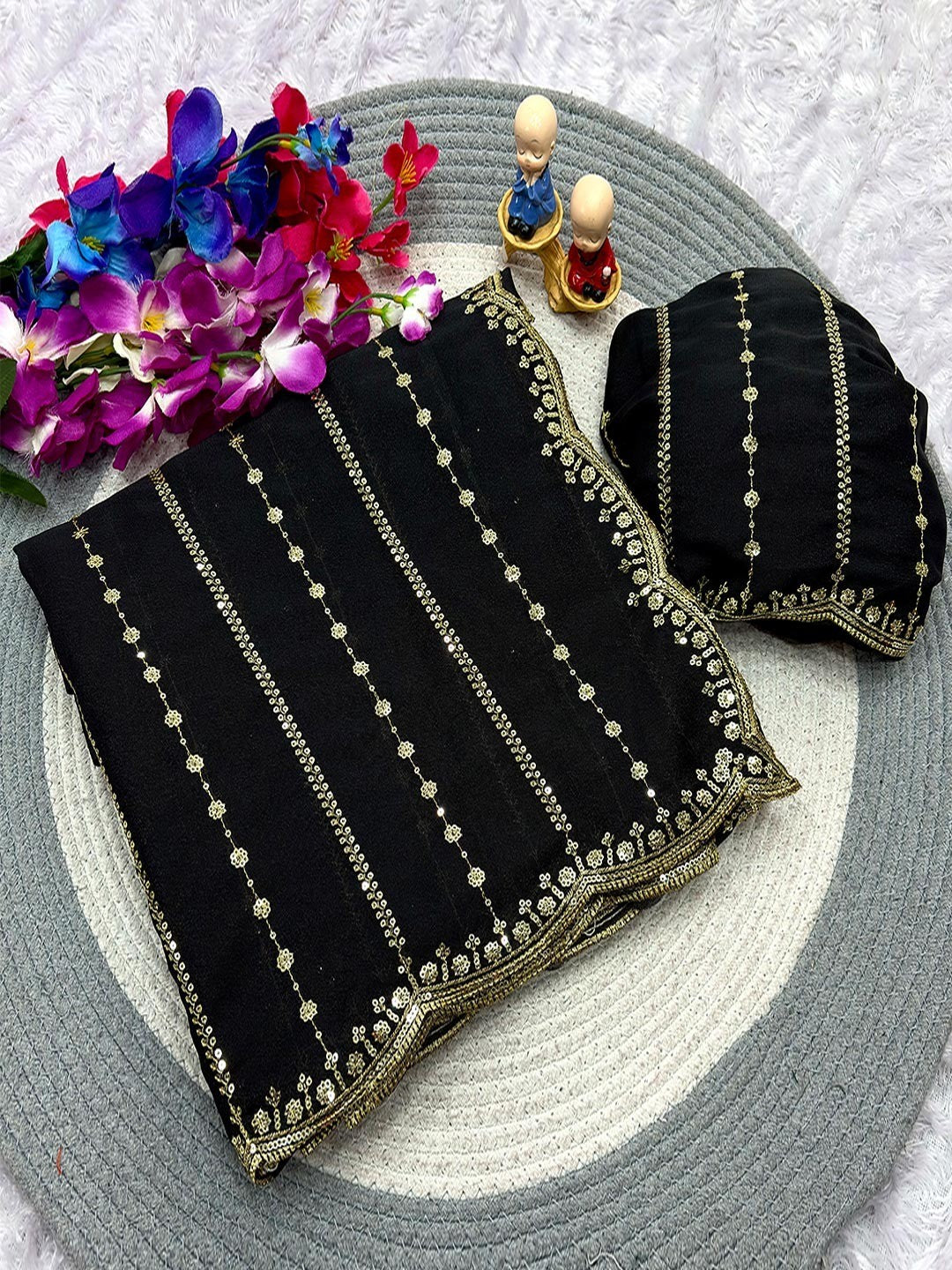 Timeless Black Striped Pattern Georgette Saree Accentuated With Elegant Sequins Embroidery Work - Image 7