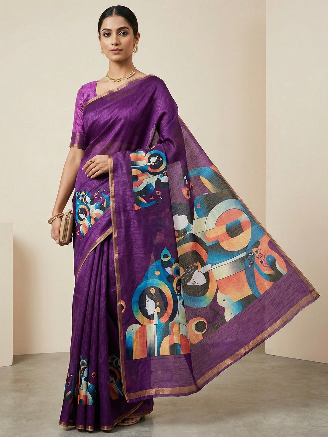 Purple Tussar Silk Saree with Contemporary Abstract Digital Art Pattern - Image 1