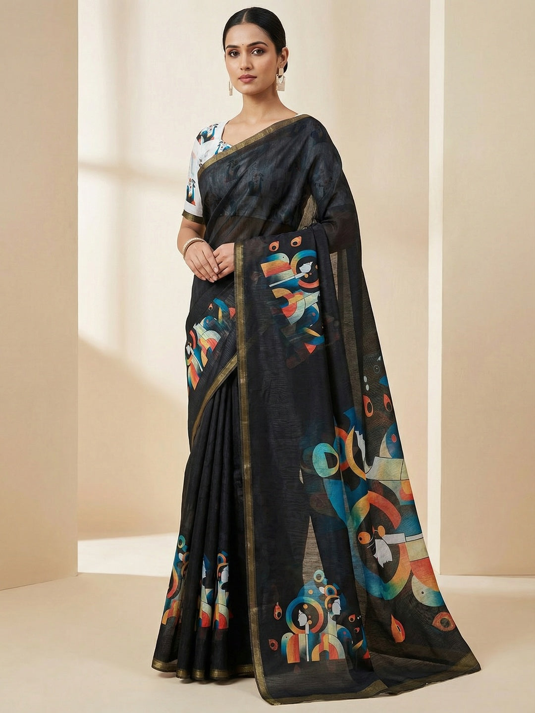 Black Tussar Silk Saree with Contemporary Abstract Digital Art Pattern - Image 1