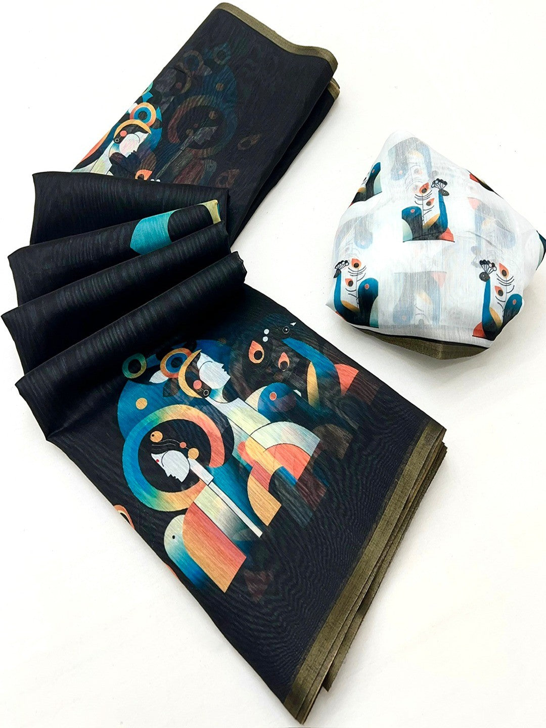 Black Tussar Silk Saree with Contemporary Abstract Digital Art Pattern - Image 2