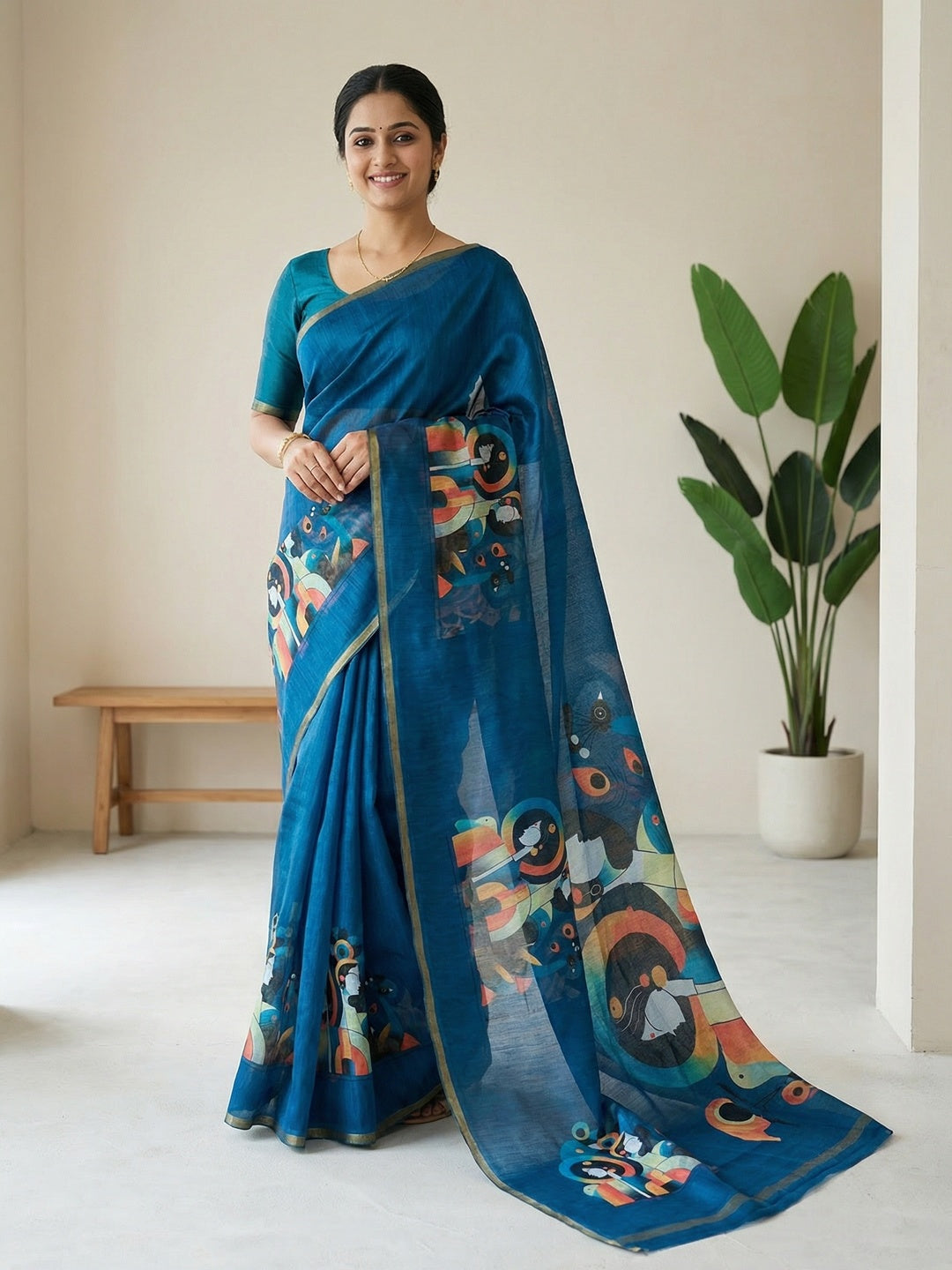 Teal Tussar Silk Saree with Contemporary Abstract Digital Art Pattern - Image 1