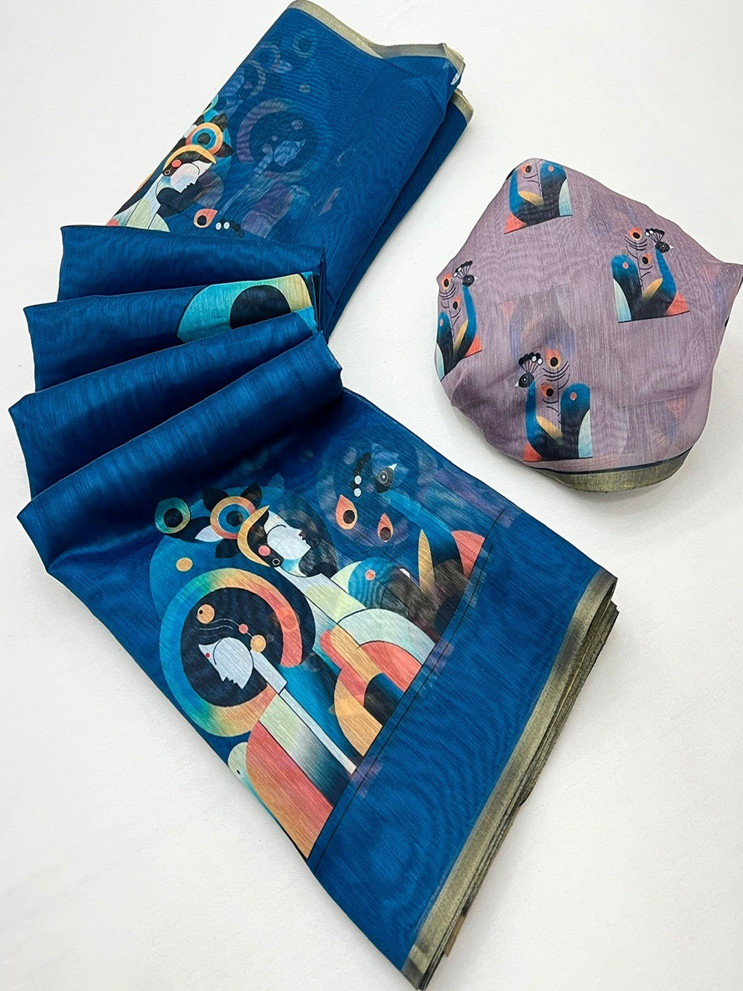 Teal Tussar Silk Saree with Contemporary Abstract Digital Art Pattern - Image 3