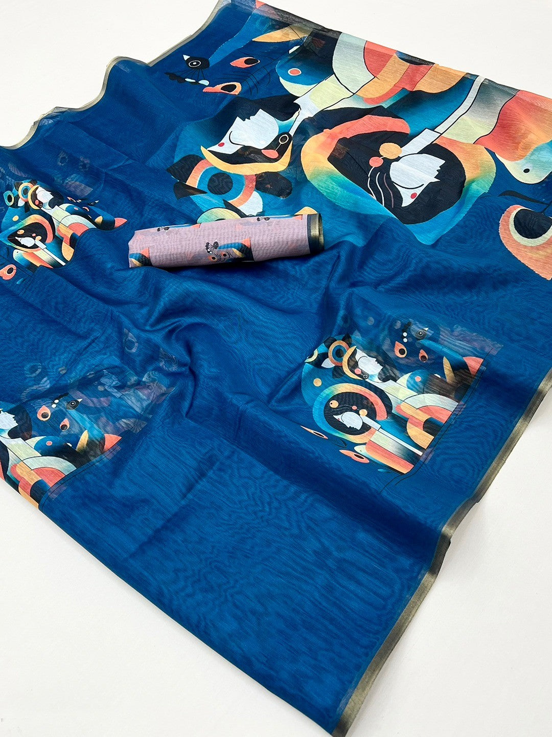 Teal Tussar Silk Saree with Contemporary Abstract Digital Art Pattern - Image 3
