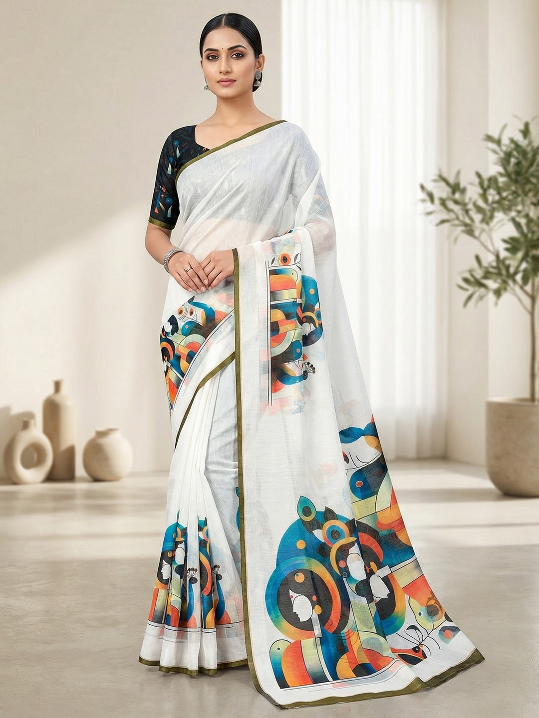 White Tussar Silk Saree with Contemporary Abstract Digital Art Pattern - Image 1