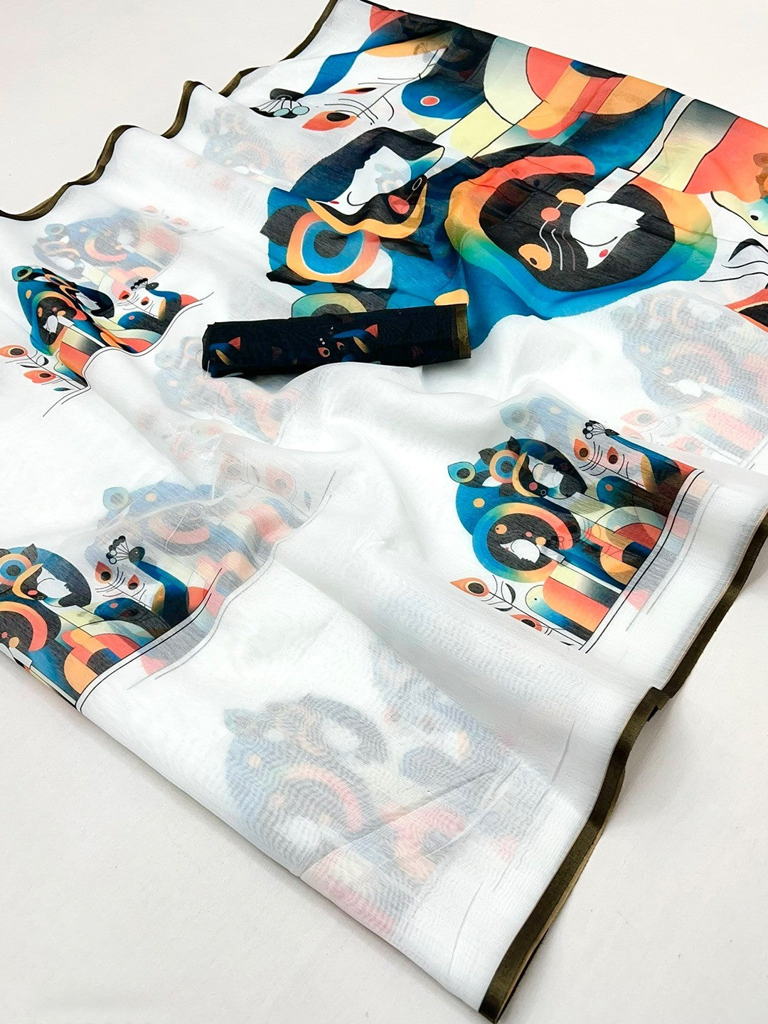 White Tussar Silk Saree with Contemporary Abstract Digital Art Pattern - Image 2