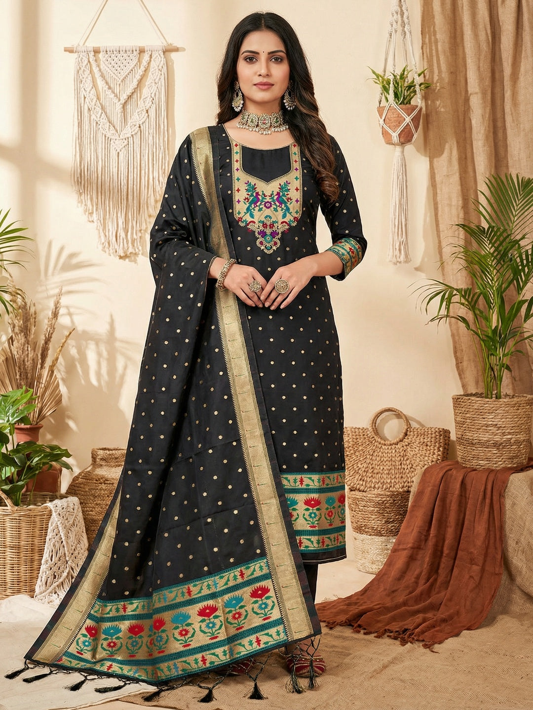 Luxury Black Floral & Peacock Design Zari Weaving Banarasi Silk Dress Material - Image 2