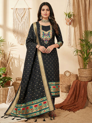 Luxury Black Floral & Peacock Design Zari Weaving Banarasi Silk Dress Material - Image 2