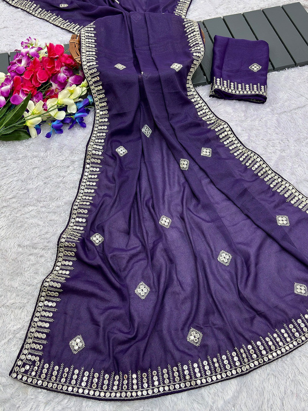Charming Purple Georgette Saree With Delicate Sequins Embroidery & A Beautiful Border - Image 1