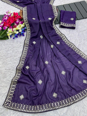 Charming Purple Georgette Saree With Delicate Sequins Embroidery & A Beautiful Border - Image 1