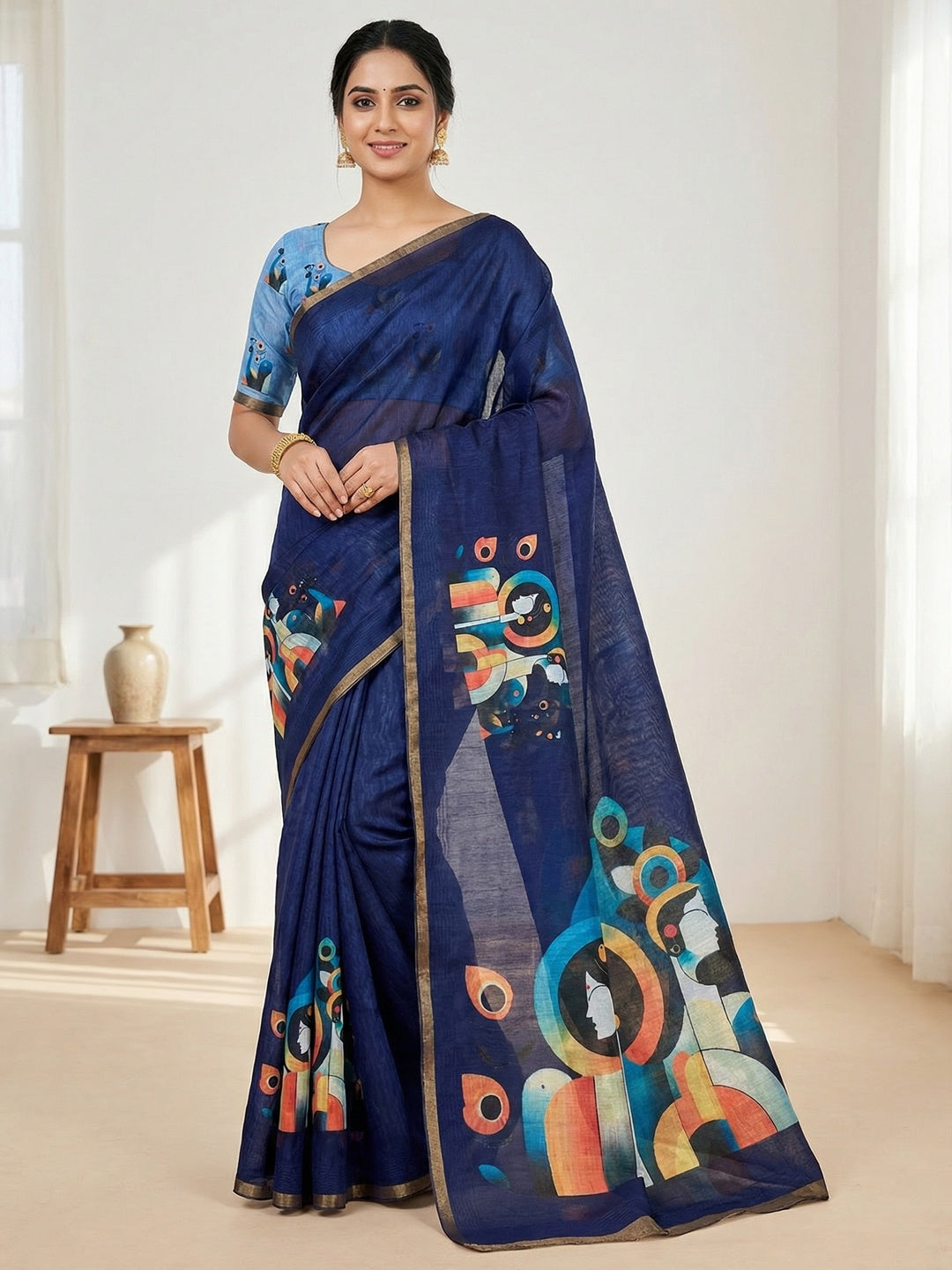 Navy Blue Tussar Silk Saree with Contemporary Abstract Digital Art Pattern - Image 1