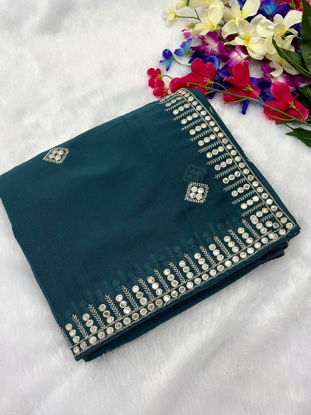 Charming Teal Blue Georgette Saree With Delicate Sequins Embroidery & A Beautiful Border - Image 2