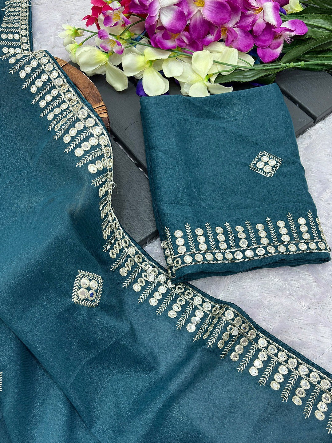 Charming Teal Blue Georgette Saree With Delicate Sequins Embroidery & A Beautiful Border - Image 3