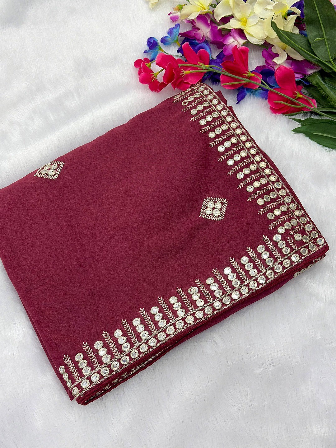 Charming Maroon Georgette Saree With Delicate Sequins Embroidery & A Beautiful Border - Image 3