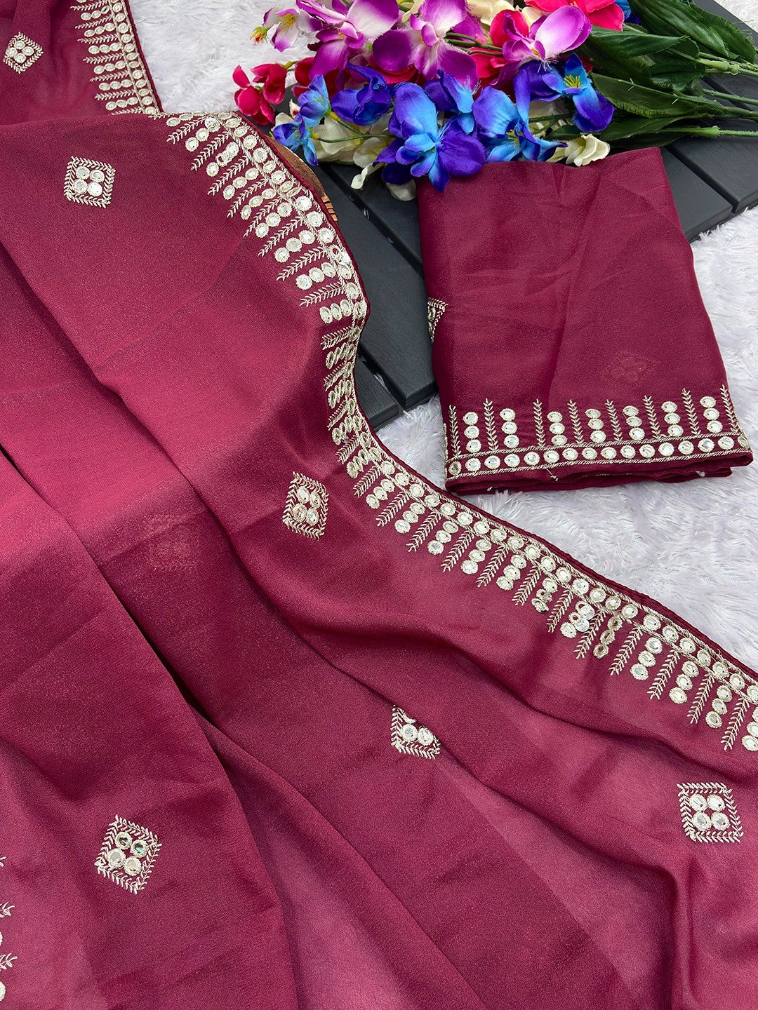 Charming Maroon Georgette Saree With Delicate Sequins Embroidery & A Beautiful Border - Image 2