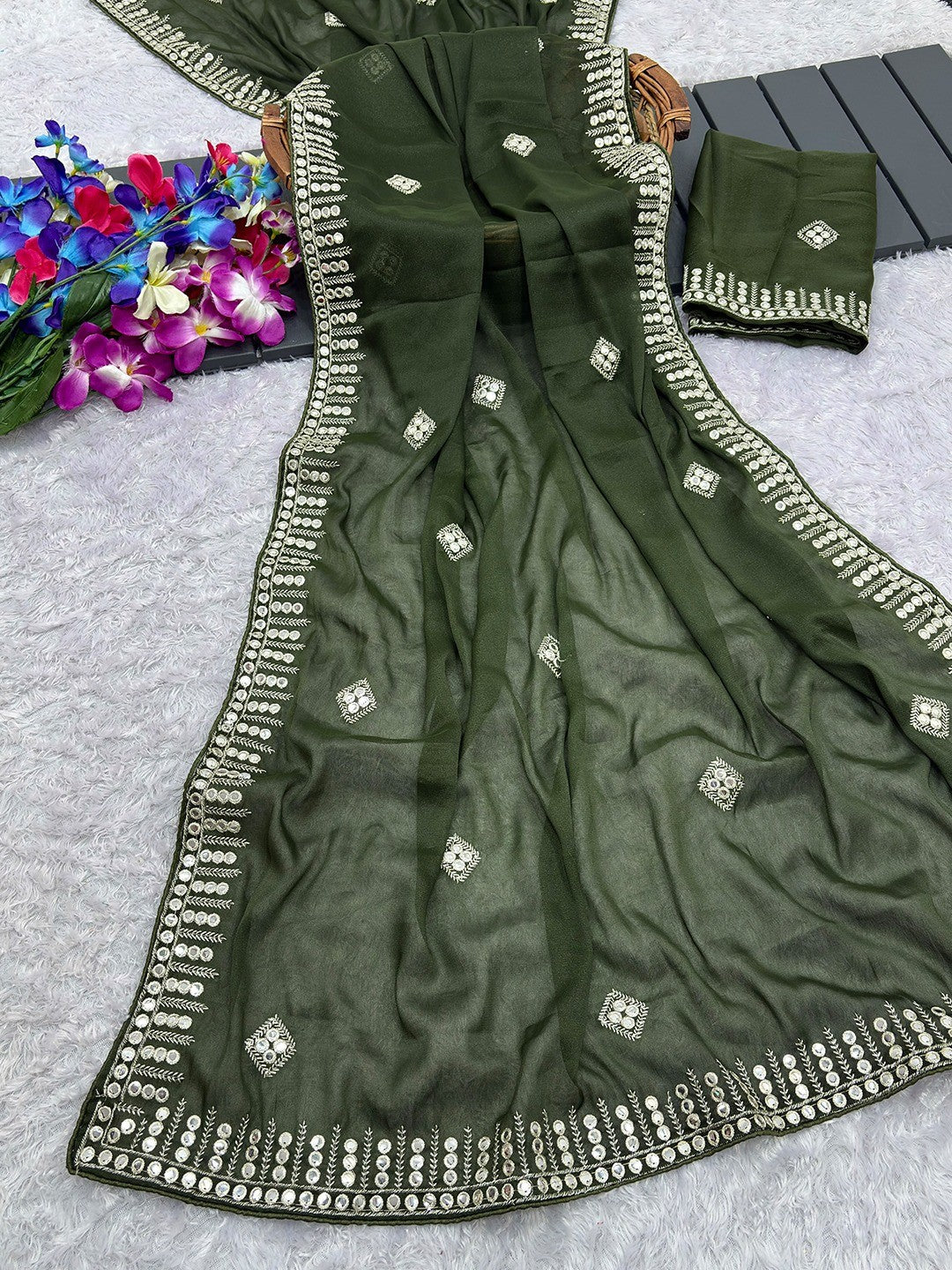 Charming Mehendi Green Georgette Saree With Delicate Sequins Embroidery & A Beautiful Border - Image 1